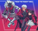  1boy 2girls archer_(fate) archer_(honkai:_star_rail)_(fate) billy_kid billy_kid_(starlight) black_gloves black_hair english_text fate/stay_night fate_(series) gloves highres honkai:_star_rail honkai_(series) jacket joints mechanical_arms mechanical_legs multiple_girls open_clothes open_jacket pleated_skirt red_jacket red_scarf robot_boy robot_joints scarf skirt tohsaka_rin tohsaka_rin_(honkai:_star_rail) vincent-san white_hair white_skirt zenless_zone_zero 