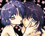  1boy 1girl ;( black_hair blue_eyes braid brown_eyes closed_mouth commentary_request dark_background floral_background flower frown hand_on_another's_cheek hand_on_another's_face hetero looking_at_viewer one_eye_closed open_mouth pink_flower pink_lips purple_hair ranma_1/2 saotome_ranma saotome_ranma_(male) short_hair single_braid tendou_akane yodare 