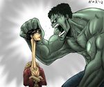  crossover gradient gradient_background green_skin hulk marvel monkey_d_luffy multiple_boys one_piece open_mouth stretch stretching 