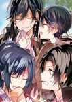  bad_id bad_pixiv_id black_hair closed_eyes contemporary crepe earrings food food_on_face handkerchief horikawa_kunihiro izumi-no-kami_kanesada jewelry kashuu_kiyomitsu male_focus mole mole_under_eye mole_under_mouth multiple_boys open_mouth poni_(rito) ponytail red_eyes smile stud_earrings touken_ranbu yamato-no-kami_yasusada 