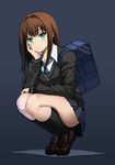  absurdres bag black_legwear blue_background brown_hair cardigan chin_rest defiaz_(infinity) green_eyes hand_on_own_cheek highres idolmaster idolmaster_cinderella_girls kneehighs legs_folded legs_together light_frown loafers long_hair long_sleeves looking_at_viewer necktie pleated_skirt school_bag school_uniform shibuya_rin shoes sidelocks skirt solo squatting striped striped_neckwear tiptoes wing_collar 