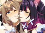  2girls animal_ear_fluff animal_ears asahi_(sky_asahi) bare_shoulders black_collar black_hair black_sleeves blue_eyes blush bonnet bow brown_hair cat_ears cat_girl closed_eyes closed_mouth collar columbina_(genshin_impact) commentary_request detached_collar detached_sleeves dress face-to-face fang genshin_impact gradient_hair hair_ribbon hand_on_another's_cheek hand_on_another's_face headdress highres imminent_licking kemonomimi_mode long_hair long_sidelocks multicolored_hair multiple_girls one_eye_closed purple_hair purple_streaks ribbon sandrone_(genshin_impact) short_hair short_hair_with_long_locks sidelocks smile streaked_hair sweatdrop tongue tongue_out two-tone_hair white_dress white_headdress wrist_bow yuri 