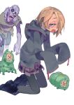  1girl black_hair caterpillar commentary drooling earrings highres hood hood_down jewelry long_sleeves mouth_drool open_mouth original simple_background stud_earrings teeth umezawa_michiko white_background zombie 