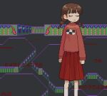  1girl blunt_bangs blush braid brown_hair closed_eyes closed_mouth commentary_request kneehighs long_hair long_sleeves madotsuki nagatovolkov pink_sweater pixel_art pleated_skirt print_sweater red_skirt skirt socks solo sweater turtleneck turtleneck_sweater twin_braids white_socks yume_nikki 