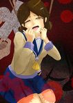  artist_request blood blood_splatter breasts brown_eyes brown_hair corpse_party curly_hair drooling gradient gradient_background hair_ornament hairclip long_hair one_eye_closed open_mouth rope saliva school_uniform shinohara_seiko spoilers tears tongue tongue_out 