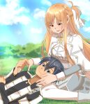 1boy 1girl absurdres asuna_(sao) asuna_(stacia)_(sao) black_hair black_jacket black_shirt blue_sky blurry blurry_background braid breasts brown_eyes brown_hair capelet closed_mouth cloud cloudy_sky collared_capelet commentary_request couple day feet_out_of_frame grass grey_eyes grey_jacket grey_trim hair_ribbon half_up_half_down_braid hand_on_another's_cheek hand_on_another's_face hand_up hetero high_collar highres holding_hands jacket jewelry kirito lap_pillow large_breasts long_hair long_sidelocks long_sleeves looking_at_another looking_down lying lying_on_lap messy_hair miniskirt multicolored_jacket on_back on_ground open_clothes open_jacket outdoors pantyhose parted_bangs parted_lips pleated_skirt ribbon ring shirt short_hair sidelocks sitting skirt sky smile straight_hair sword_art_online sword_art_online:_alicization sword_art_online:_moon_cradle tu_tora2 two-tone_jacket upper_body wariza white_capelet white_jacket white_pantyhose white_ribbon white_skirt yellow_trim 