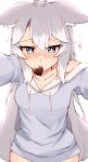  ... 1girl ahoge animal_ear_fluff animal_ears bare_shoulders blue_eyes blue_hoodie blush candy chocolate collarbone commentary_request drawstring food food_in_mouth grey_hair hair_between_eyes heart heart-shaped_chocolate heart-shaped_food highres hood hood_down hoodie long_hair mouth_hold multicolored_hair nose_blush nyaha off_shoulder original simple_background solo streaked_hair very_long_hair white_background white_hair 