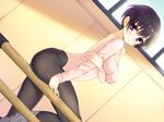  arched_back arm_support black_hair black_legwear blush breast_hold breasts covered_nipples dutch_angle leotard looking_at_viewer medium_breasts mirei original pantyhose purple_eyes short_hair solo window 
