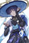  1boy animal_print armor belt bird_print bishounen black_belt black_bodysuit black_bow black_bridal_gauntlets black_shorts blue_cape blue_hat blue_jingasa blue_kimono blue_sleeves blunt_ends bodysuit bow bridal_gauntlets cape commentary cowboy_shot crying crying_with_eyes_open curled_fingers dated fingernails from_below furisode genshin_impact gold gold_ring hakama hakama_shorts hands_up hat highres japanese_armor japanese_clothes jingasa juban kimono kote kurokote layered_sleeves looking_at_viewer male_focus middle_ring open_clothes open_kimono pleated_shorts purple_eyes purple_hair purple_rope purple_sash pursed_lips rinbo_7140 rope sash scaramouche_(genshin_impact) short_sleeves shorts shoulder_peek side_cape solo teardrop tears tsurime twitter_username wanderer_(genshin_impact) watermark white_background white_kimono white_sleeves white_trim wispy_bangs 