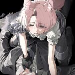  1boy 1girl animal_ears arimura_mao black_gloves black_necktie black_suit blood blood_from_mouth collar commentary fangs gakuen_idolmaster girl_on_top gloves idolmaster necktie parted_bangs pink_hair producer_(idolmaster) puffy_short_sleeves puffy_sleeves short_hair short_sleeves side_part simu_gkms suit sweat unbuttoning untranslatable_commentary wing_collar wolf_ears wolf_girl 