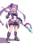  armor armored_dress blue_eyes boots cosplay hair_ornament looking_at_viewer neptune_(choujigen_game_neptune) neptune_(series) phantasy_star phantasy_star_online_2 polearm purple_hair segamark shield smile solo spear weapon wiola_magica 