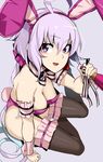  animal_ears bad_id bad_pixiv_id black_legwear bow breasts bunny_ears bunnysuit fake_animal_ears koko_shiguma long_hair looking_at_viewer medium_breasts purple_eyes purple_hair senki_zesshou_symphogear short_hair sitting solo thighhighs wrist_cuffs yokozuwari yukine_chris 