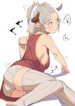  :o aliza_(granblue_fantasy) arm_support ass breasts draph granblue_fantasy hair_pulled_back horns level.21 long_hair looking_away lying medium_breasts no_bra on_side ponytail red_eyes ribbed_legwear shorts sideboob silver_hair solo sweat thighhighs 