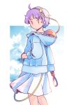  1girl ahoge alternate_costume black_hairband blue_hoodie blue_sky blush closed_mouth cloud commentary_request contemporary day disembodied_linked_eye eyeball hair_ornament hairband hand_in_pocket heart heart_hair_ornament hood hood_down hoodie komeiji_satori long_sleeves looking_at_viewer pink_skirt purple_hair rangycrow short_hair skirt sky solo touhou two-tone_skirt white_skirt |_| 