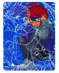  2boys ahoge aotsuki_eito black_background black_pants black_streaks blue_eyes blue_jacket border bright_pupils commentary covering_own_ears dripping_eye english_commentary glasses grey_jacket highres hood hoodie jacket jacket_over_hoodie knees_up looking_at_viewer male_focus merchandise_available multicolored_hair multicolored_jacket multiple_boys nervous_sweating open_clothes open_jacket pants pocket ransuteeki red_hair semi-rimless_eyewear shoes short_hair sitting sleeve_pouch smile streaked_hair sumino_takumi sweat the_hundred_line_-last_defense_academy- two-tone_hair two-tone_jacket white_border white_hoodie white_pupils white_shoes 