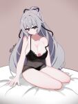  1girl absurdres babydoll black_babydoll black_panties breasts bronya_zaychik bronya_zaychik_(silverwing:_n-ex) cleavage commentary_request condom condom_between_breasts condom_wrapper dr3amoon grey_eyes grey_hair highres honkai_(series) honkai_impact_3rd korean_commentary large_breasts long_hair looking_at_viewer panties see-through_babydoll see-through_clothes smile solo thighs twitter_username underwear very_long_hair 