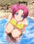  arm_support barefoot beach bikini blue_eyes breasts frilled_bikini frills from_above full_body hinomoto_hikari light_smile looking_at_viewer looking_up medium_breasts mole mole_under_eye nail_polish outdoors partially_submerged pink_hair pink_nails purple_hair shopyun short_hair solo squatting swimsuit toenail_polish tokimeki_memorial tokimeki_memorial_2 topknot water yellow_bikini 