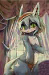  blue_fur clothing covering covering_breasts cute female flat_chested fur green_eyes grey_hair hair kemono lagomorph mammal open_mouth panties rabbit solo underwear 湖 