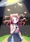 1girl :o absurdres black_overskirt blue_ribbon blue_skirt blush brown_hair brown_jacket commentary_request cow daruma_doll english_text floating_hair gakuen_idolmaster hair_rings hanami_saki hatsuboshi_gakuen_school_uniform highres holding holding_microphone idolmaster jacket long_hair long_sleeves looking_at_viewer microphone neck_ribbon nekozuka_wanta outdoors ribbon school_uniform shirt skirt solo sweatdrop two_side_up ufo white_shirt wireless_earphones 