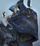  1boy 1girl absurdres armor artist_name artorias_the_abysswalker blonde_hair blue_background blue_cape blurry blurry_foreground braid cape commentary dark_souls_(series) dark_souls_i full_armor great_grey_wolf_sif helmet highres hug knight long_hair lord's_blade_ciaran mask plume satsu-strive untranslatable_commentary 