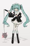  1girl absurdres aqua_eyes aqua_hair ball_and_chain_(weapon) black_boots black_dress boots closed_mouth commentary dress hatsune_miku highres holding holding_weapon knees_together_feet_apart long_hair long_sleeves looking_at_viewer okashira_moppu short_dress solo spike_ball spiked_ball_and_chain thighhighs twintails vocaloid weapon white_thighhighs 
