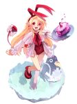  1girl 4rdilla absurdres animal_ear_hairband animal_ears apron blonde_hair blush cake chef_hat clothing_request commentary covered_navel curtained_hair demon_girl demon_tail disgaea fake_animal_ears flonne flonne_(fallen_angel) food full_body hairband hat heart_ear_ornament highres holding holding_cake holding_food holding_tray leg_ribbon leotard long_hair looking_at_viewer makai_senki_disgaea open_mouth pointy_ears prinny rabbit_ear_hairband rabbit_ears red_eyes red_leotard red_shoes ribbon robe shoes simple_background smile solo spatula standing standing_on_one_leg tail tail_ornament tail_ribbon thigh_gap thigh_ribbon tray white_background wings 