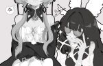  2girls :< adjusting_eyewear anger_vein artist_name bare_shoulders black_ribbon bonnet breast_awe breasts cleavage closed_mouth columbina_(genshin_impact) commentary detached_collar dress english_commentary female_pervert genshin_impact greyscale hair_ornament hair_ribbon hand_on_eyewear head_out_of_frame head_wings headdress highres i_really_like_wearing_sunglasses_(meme) kitsunetenma long_hair long_sidelocks long_sleeves looking_at_breasts meme monochrome multiple_girls multiple_wings pervert ribbon sandrone_(genshin_impact) short_hair short_hair_with_long_locks sidelocks simple_background sparkle spoken_anger_vein sunglasses very_long_hair white_background white_ribbon wing_hair_ornament wings wrist_bow you're_doing_it_wrong yuri 