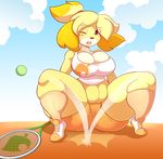  2015 animal_crossing anthro big_breasts breasts canine cleavage clothed clothing dog female isabelle_(animal_crossing) jaeh mammal nintendo solo tight_clothing video_games 