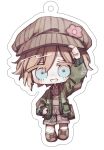  1boy adjusting_clothes adjusting_headwear arm_up bag basil_(birthday)_(omori) basil_(faraway)_(omori) basil_(omori) blonde_hair blue_eyes boots brown_bag brown_boots brown_hat brown_overalls cardigan chibi chibi_only collared_shirt commentary_request full_body green_cardigan grin hair_between_eyes hanabata0320 hat long_sleeves looking_at_viewer male_focus newsboy_cap official_alternate_costume omori open_cardigan open_clothes outline overall_shorts overalls shirt short_hair simple_background smile solo teeth white_background white_outline white_shirt 