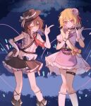  2girls adapted_costume apron arm_garter belt black_belt black_boots black_choker black_hat black_skirt blonde_hair blue_background blush boots bow bowtie brown_eyes brown_hair chinese_commentary choker clothing_request collared_shirt commentary_request commission dress frilled_dress frilled_skirt frills gloves hair_between_eyes hair_ribbon hat hat_bow heart highres holding holding_microphone idol_clothes long_hair maribel_hearn medium_hair microphone mini_hat mob_cap multiple_girls necktie one_eye_closed pink_bow puffy_short_sleeves puffy_sleeves purple_apron purple_bow purple_bowtie purple_eyes red_necktie red_ribbon ribbon second-party_source shen_bi_ren_(user_rjgy2824) shirt short_sleeves skirt sleeve_cuffs sleeveless sleeveless_shirt socks standing star_(symbol) star_print thigh_strap touhou usami_renko waving white_bow white_dress white_gloves white_hat white_shirt white_socks 