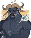  2025 anthro apology band-aid bandage black_nose bovid bovine bovine_ears brown_eyes cape_buffalo chest_tuft chief_bogo colored disney duo ellipsis english_text feral fur gary_de'snake grey_body grey_fur hi_res horn kemono looking_at_hand male mammal mature_male mudosa_3_1 muscular muscular_anthro pecs pit_viper reptile scalie shaded simple_background snake speech_bubble tan_horn text tuft viper zootopia 
