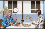  2boys alcohol anger_vein argyle_clothes argyle_sweater belt blunt_ends bob_cut bruno_bucciarati chair cup drinking_glass food fork glass guido_mista hat highres holding holding_fork holding_knife jojo_no_kimyou_na_bouken knife multiple_boys open_mouth pizza sex_pistols_(stand) speech_bubble sweater table tmblyeet vento_aureo water wine wine_glass 