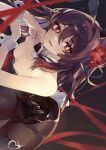  1girl alternate_costume animal_ears black_bow black_bowtie black_leotard bow bowtie breasts brown_hair buckle commentary_request detached_collar fake_animal_ears flower flower-shaped_pupils genshin_impact hair_intakes heart heart-shaped_buckle highres hu_tao_(genshin_impact) leotard long_hair looking_at_viewer open_mouth pantyhose playboy_bunny plum_blossoms purin_uni rabbit_ears rabbit_tail red_eyes red_nails small_breasts solo strapless strapless_leotard symbol-shaped_pupils tail thighs twintails wrist_cuffs 