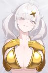  1girl absurdres ahoge bikini blush breasts cleavage collarbone commentary_request cross_hair_ornament dot_nose elbow_gloves from_above gloves gold_bikini gold_gloves hair_ornament hands_on_own_chest highres huge_breasts long_hair looking_at_viewer lying meme mole mole_under_eye multiple_moles nijisanji norinki_(ringknightsaki) purple_eyes skindentation solo sukoya_kana swimsuit tap_me_(meme) tongue tongue_out twintails upper_body virtual_youtuber white_hair x_(symbol) 