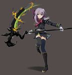  absurdres black_footwear black_legwear boots brown_eyes doyagao fire full_body gloves grey_background highres hiiragi_shinoa knee_boots leg_up long_hair military military_uniform okuba owari_no_seraph purple_hair scythe simple_background smile solo standing standing_on_one_leg thighhighs uniform white_gloves 