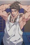  1boy absurdres arms_up bara black_pants blue_eyes brown_hair chest_tattoo commentary_request dog_tags forked_eyebrows hair_tie_in_mouth highres indoors looking_to_the_side luke_sullivan male_focus mouth_hold muscular muscular_male nipples pants pectorals prat_rat scar scar_across_eye scar_on_arm scar_on_cheek scar_on_face sideways_glance solo street_fighter street_fighter_6 tank_top tattoo tying_hair white_tank_top 
