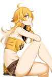  ahoge bad_id bad_pixiv_id bandeau bare_shoulders breasts from_side koko_shiguma long_hair looking_at_viewer medium_breasts midriff rwby short_shorts shorts simple_background smile solo strapless white_background yang_xiao_long 