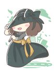  1girl absurdres blush_stickers brown_hair c333mnno chibi chibi_only commentary_request dress green_dress green_hat hat highres holding holding_microphone kirby_(series) kirby_and_the_forgotten_land microphone neichel_(kirby) open_mouth short_hair signature solo 