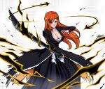  1girl aura bankai black_hakama bleach breasts cleavage closed_mouth commentary cosplay feet_out_of_frame fighting_stance floating_hair frown hair_between_eyes hair_over_shoulder hakama hand_up highres holding holding_sword holding_weapon inoue_orihime japanese_clothes kurosaki_ichigo kurosaki_ichigo_(cosplay) large_breasts long_hair long_sleeves looking_at_viewer orange_eyes orange_hair outstretched_hand serious shihakusho simple_background solo standing sword teiwicked tensa_zangetsu_(bankai) v-shaped_eyebrows weapon white_background 
