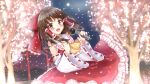  1girl absurdres ascot blush bow brown_eyes brown_hair cherry_blossoms commentary detached_sleeves frilled_bow frilled_hair_tubes frilled_skirt frills full_moon hair_bow hair_tubes hakurei_reimu highres holding holding_microphone kazari_s long_hair looking_at_viewer microphone moon night open_mouth outdoors red_bow red_skirt ribbon-trimmed_sleeves ribbon_trim singing skirt skirt_set smile solo torii touhou tree yellow_ascot 