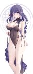  1girl black_dress blush breasts china_dress chinese_clothes cleavage closed_mouth collarbone commentary_request covered_navel dress flower genshin_impact groom hair_flower hair_ornament highres large_breasts long_hair looking_at_viewer miko_(royal_milk) mole mole_under_eye no_panties pelvic_curtain purple_eyes purple_hair raiden_shogun sideboob solo very_long_hair 