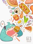  1girl ahoge aqua_hair bowl burger candy cheese chicken_(food) chinese_commentary commentary_request dango dated egg_(food) food fried_chicken hatsune_miku head_only heart highres hot_dog ketchup lettuce meat onigiri open_mouth pizza pizza_slice saka_(sakadesu0612) salad salmon sanpaku sanshoku_dango sliced_cheese solo spoken_heart spring_onion tomato tomato_slice twintails vocaloid wagashi wide_mouth 