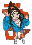  1girl :d anko_(ankochan_114) black_hair blue_hoodie brown_eyes choppy_bangs commentary_request croissant cube_hair_ornament food full_body hair_ornament highres hood hoodie lida_(pokemon) long_hair long_sleeves looking_at_viewer open_mouth pokemon pokemon_legends:_z-a shoes smile solo standing twitter_username w white_shoes 