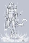  2013 anthro claws clothed clothing cyberpunk dragon english_text kalnareff male nakourou scales scalie sketch solo spikes suit text toe_claws weapon 