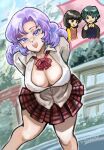  1boy 2girls black_eyes black_hair breasts cleavage collared_shirt commentary_request dated fa_yuiry green_eyes green_hair gundam highres kamille_bidan large_breasts looking_at_viewer miniskirt multiple_girls okrdisk2000 open_mouth pleated_skirt purple_eyes purple_hair red_skirt rosamia_badam shirt skirt smile solo_focus teeth upper_teeth_only white_shirt zeta_gundam 