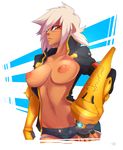  1girl areolae blazblue blazblue:_chronophantasma breasts bullet_(blazblue) dark_skin female gauntlets jacket large_breasts navel nipples open_clothes puffy_nipples scar shorts simple_background solo striped_background topless white_hair yellow_eyes 