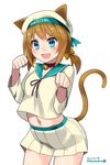  :d animal_ears bell bell_collar blue_eyes blush bow brown_bow cat_ears cat_tail collar cowboy_shot dated error_musume girl_holding_a_cat_(kantai_collection) hair_bow hat highres humanization jingle_bell kantai_collection kemonomimi_mode kuro_chairo_no_neko long_sleeves navel open_mouth paw_print pleated_skirt purple_ribbon ribbon school_uniform serafuku short_hair short_twintails shoshinsha_mark simple_background skirt smile solo tail twintails twitter_username v-shaped_eyebrows white_background 