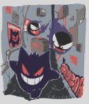  alley colored_sclera commentary_request fangs floating gastly gengar ghost graffiti grin highres no_humans open_mouth pokemon pokemon_(creature) red_sclera smile teeth walking yakinikupartyyy 