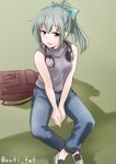  alternate_costume anti_(untea9) backpack backpack_removed bag bangs bare_shoulders between_legs blush bow brown_eyes casual commentary_request crossed_ankles denim grey_hair hair_bow hand_between_legs headphones headphones_around_neck highres jeans kantai_collection looking_at_viewer no_socks open_mouth pants ponytail shoes short_hair simple_background sitting sleeveless sleeveless_turtleneck smile solo turtleneck twitter_username yuubari_(kantai_collection) 