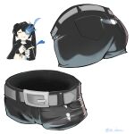  1girl ass belt bikini bikini_top_only black_hair black_rock_shooter black_rock_shooter_(character) black_shorts clothes_focus commentary_request flaming_eye highres leather_shorts no_shirt oushi_(04_desuu) pale_skin shorts swimsuit twintails uneven_twintails 